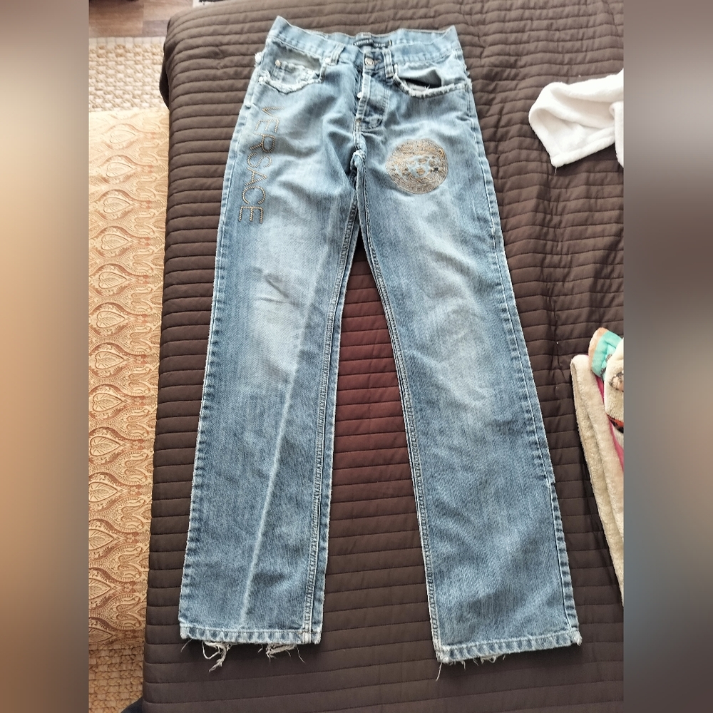 Versace Light Blue Straight Men's Jeans with Embellished Logo